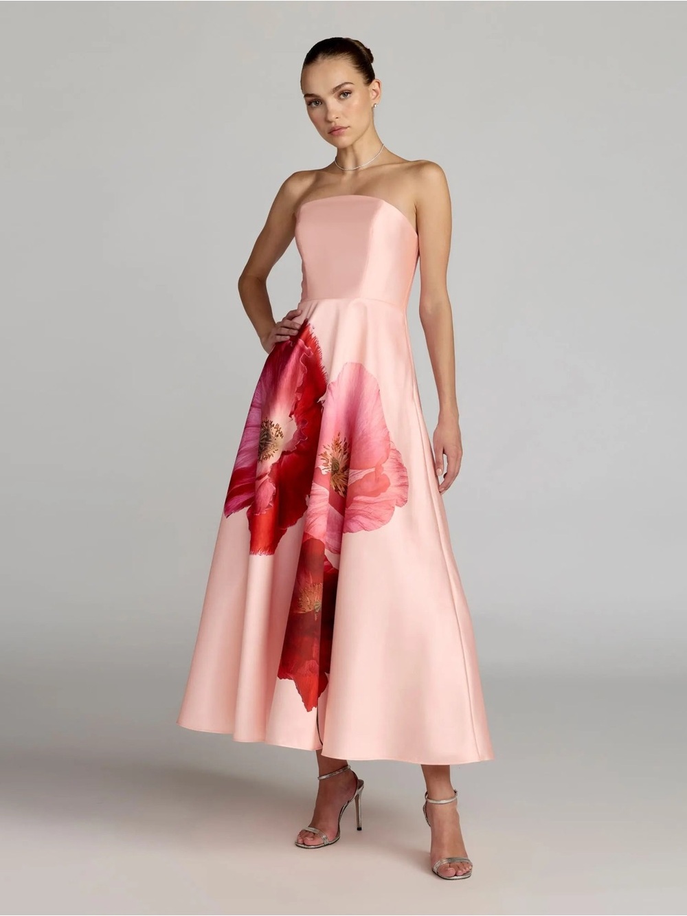 Mac Duggal 56352 Pink Strapless A Line Midi Dress With Flower Print Size 10 NWOT